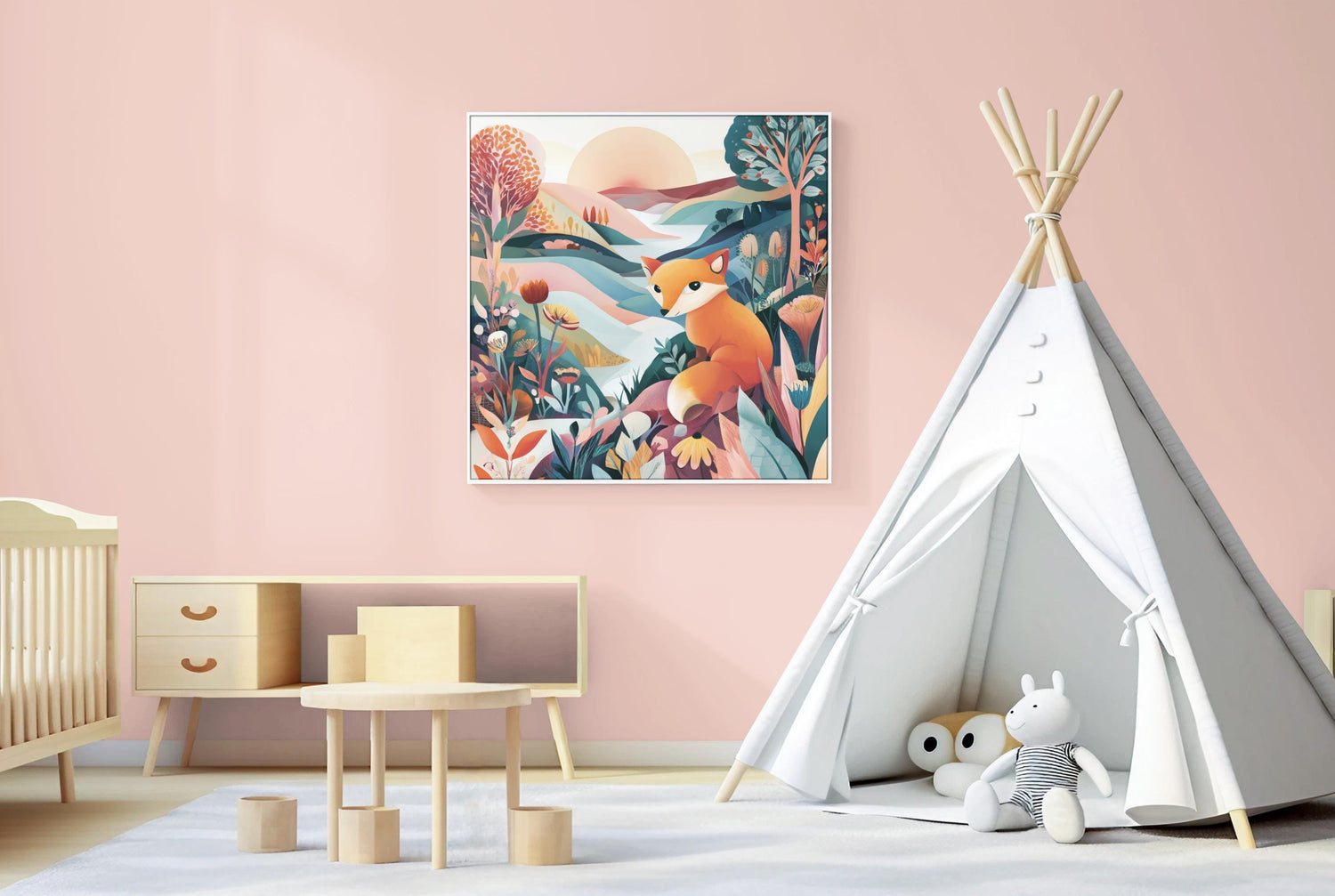 May include: A framed watercolor painting of a fox in a colorful landscape. The artwork features an orange fox, flowers, trees, and a sunset. The scene is set in a child's room with a teepee and wooden furniture.