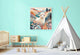 May include: A framed watercolor painting of a sheep in a field with colorful flowers and trees. The artwork is displayed in a child's room with a teepee, a crib, and a small table and chairs. The room is painted in a light blue color.