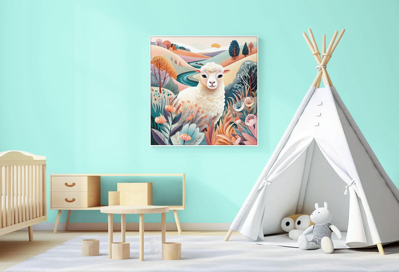 May include: A framed watercolor painting of a sheep in a field with colorful flowers and trees. The artwork is displayed in a child's room with a teepee, a crib, and a small table and chairs. The room is painted in a light blue color.