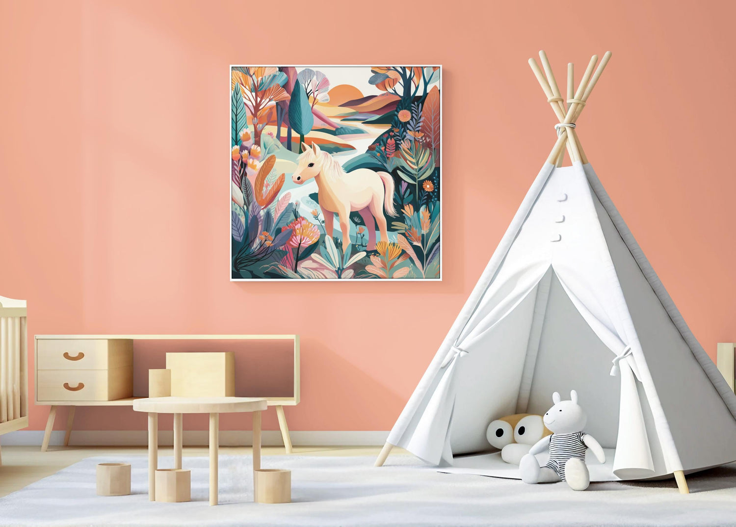 May include: A framed art print of a white horse in a colorful landscape with trees and flowers. The artwork hangs on a peach-colored wall in a child's room, next to a white teepee tent and wooden furniture.