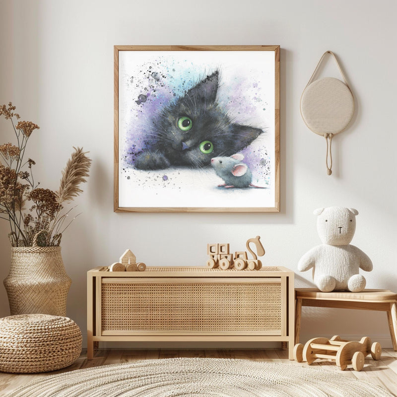 Black Kitten Watercolor Print | Cat & Mouse Nursery Art (Digital Download)
