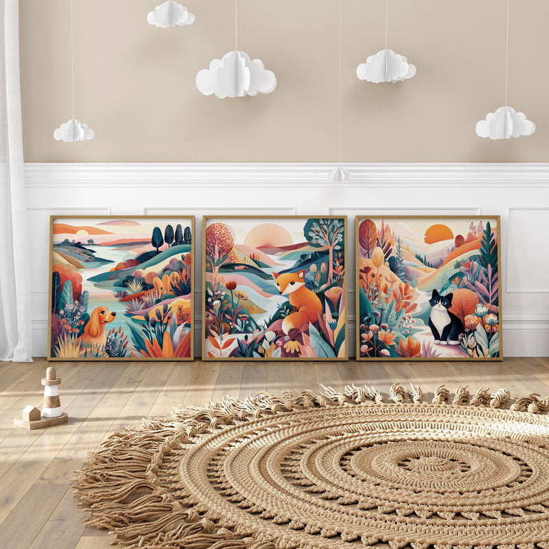 Dopamine Nursery Art Set, Puppy Kitten Fox Prints, Colorful Baby Room Decor (Instant Download)