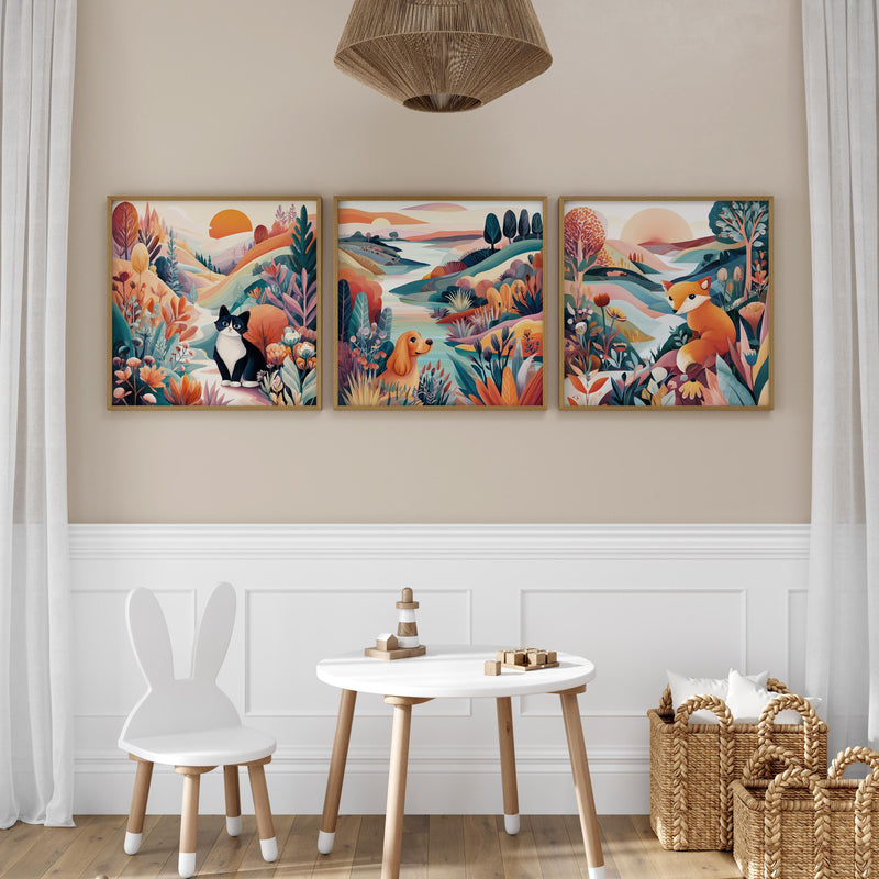 Dopamine Nursery Art Set, Puppy Kitten Fox Prints, Colorful Baby Room Decor (Instant Download)