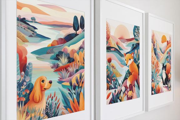 Dopamine Nursery Art Set, Puppy Kitten Fox Prints, Colorful Baby Room Decor (Instant Download)