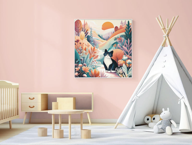 May include: A framed watercolor painting of a black and white cat sitting in a colorful landscape with a rising sun. The artwork features a variety of plants and flowers in shades of orange, pink, and green. The painting is displayed in a child's room with a teepee and wooden furniture.