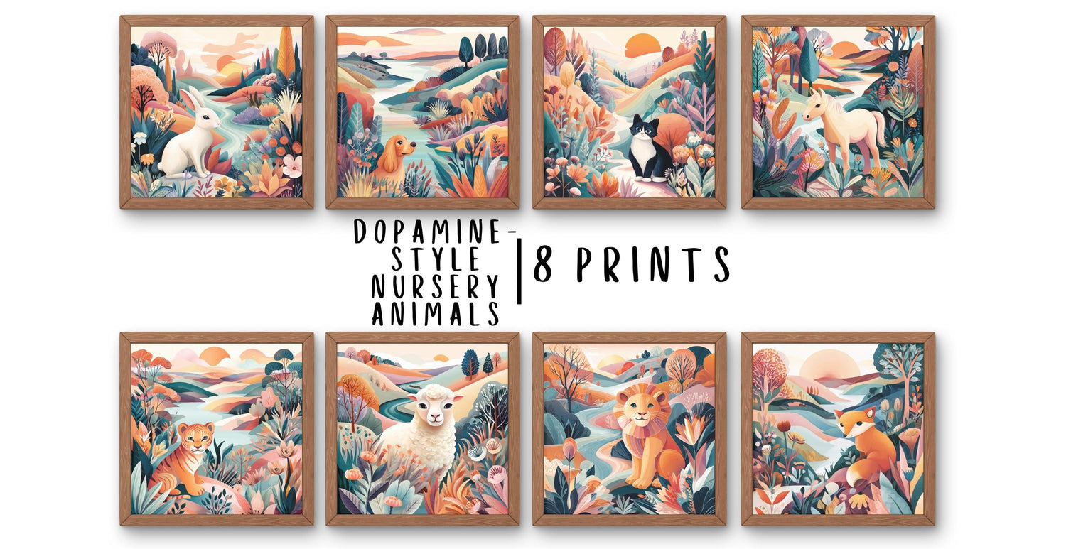 Dopamine Nursery Animal Prints – 8-Pack Colorful Kids Room Wall Art Bundle (Digital Download)