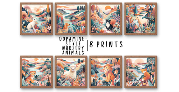 Dopamine Nursery Animal Prints – 8-Pack Colorful Kids Room Wall Art Bundle (Digital Download)
