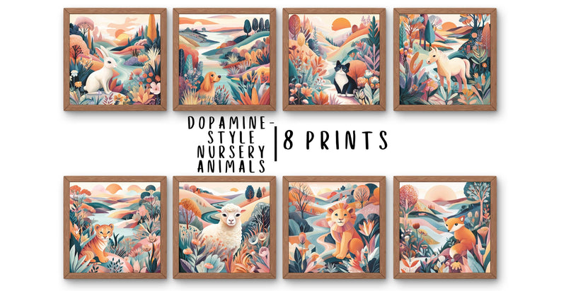 Dopamine Nursery Animal Prints – 8-Pack Colorful Kids Room Wall Art Bundle (Digital Download)