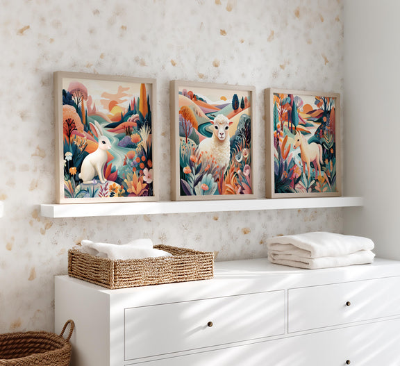 Dopamine Nursery Art Trio: Bunny, Lamb, Pony Prints (Digital Download)