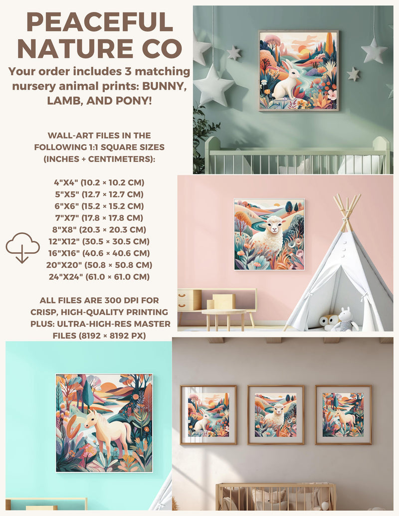 Dopamine Nursery Art Trio: Bunny, Lamb, Pony Prints (Digital Download)