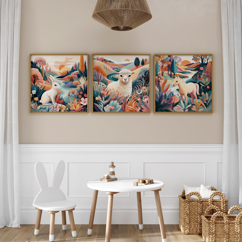 Dopamine Nursery Art Trio: Bunny, Lamb, Pony Prints (Digital Download)