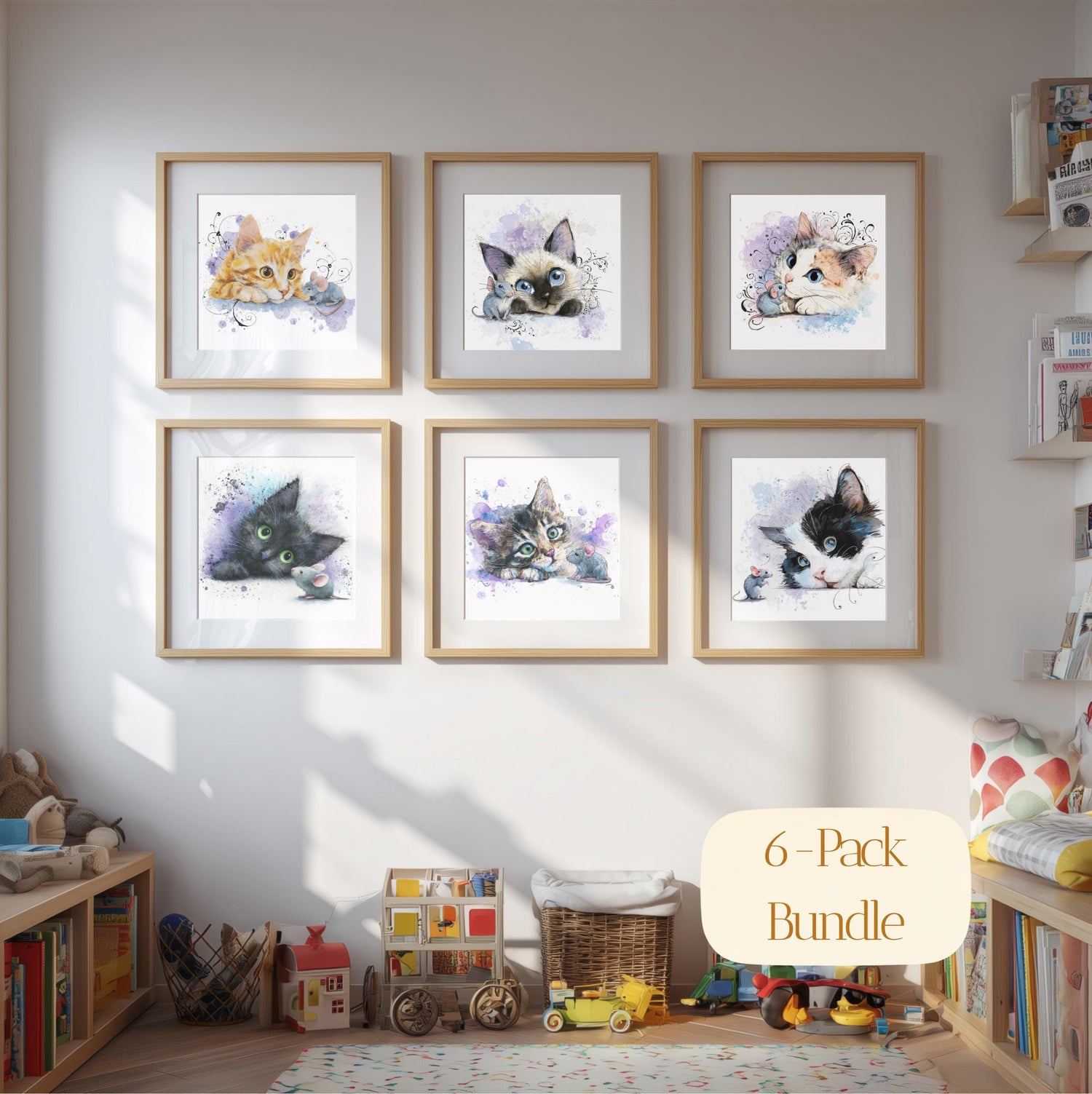 Kitten Nursery Wall Art Set of 6 • Baby Room Cat Prints • Digital Download