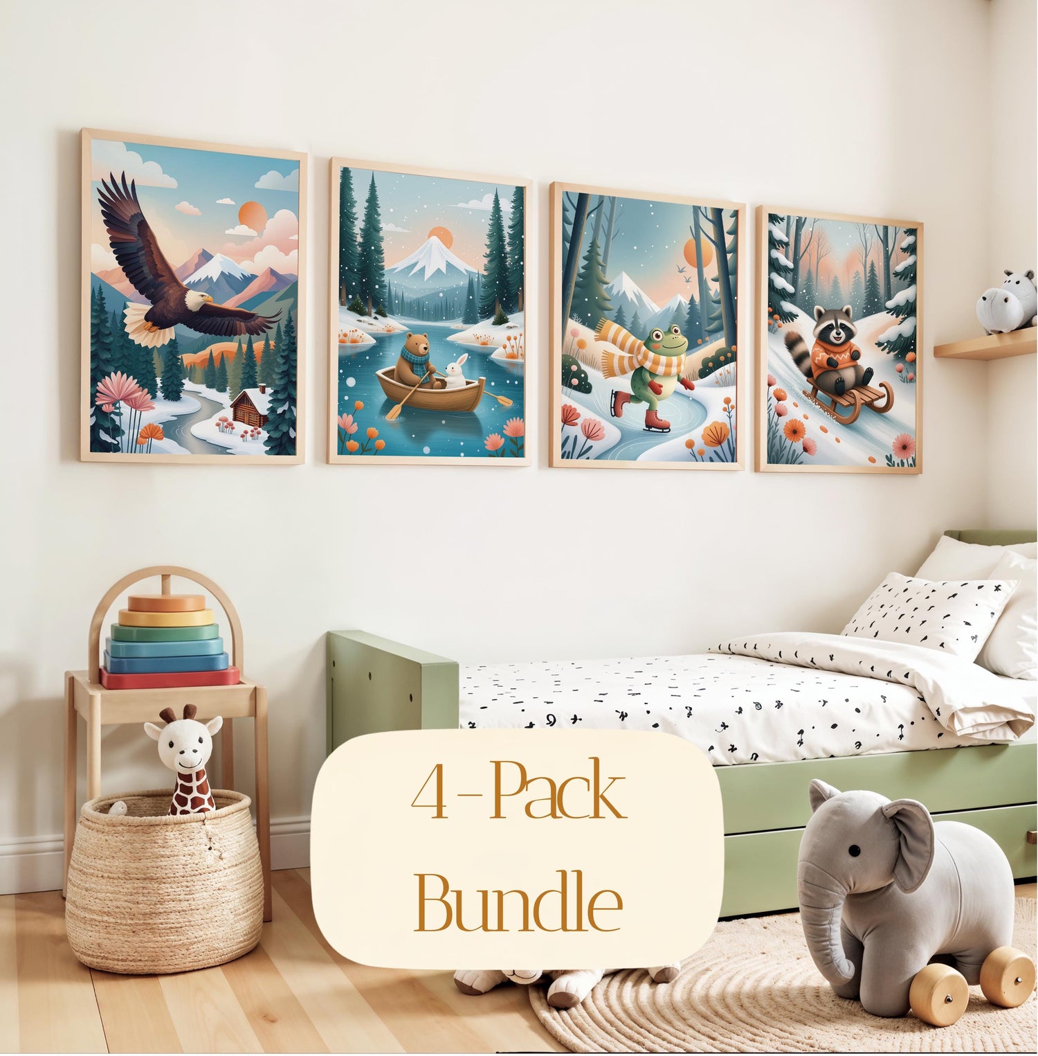 Pinecone Valley 4-Print Bundle – Woodland Nursery Wall Art, Storybook Animals (Digital Download)