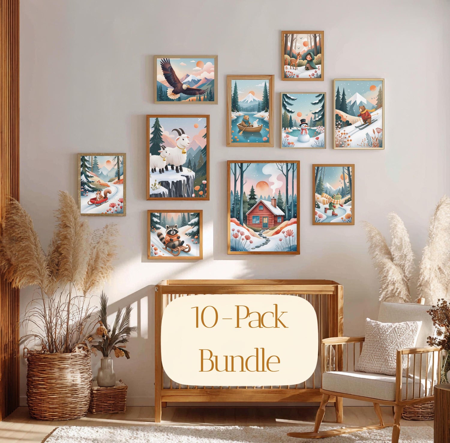 Pinecone Valley Winter 10-Print Bundle, Woodland Nursery Wall Art, Storybook Animals (Digital Download)