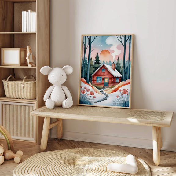 Cozy Winter Cabin Nursery Print, Whimsical Storybook Forest Art (Digital Download)