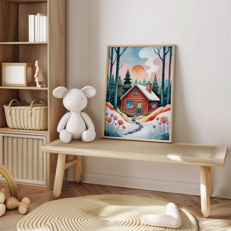 Cozy Winter Cabin Nursery Print, Whimsical Storybook Forest Art (Digital Download)