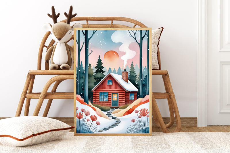 Cozy Winter Cabin Nursery Print, Whimsical Storybook Forest Art (Digital Download)