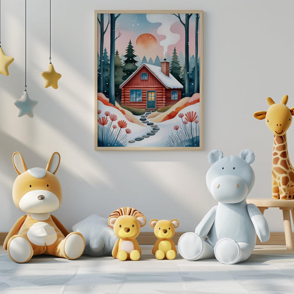 Cozy Winter Cabin Nursery Print, Whimsical Storybook Forest Art (Digital Download)