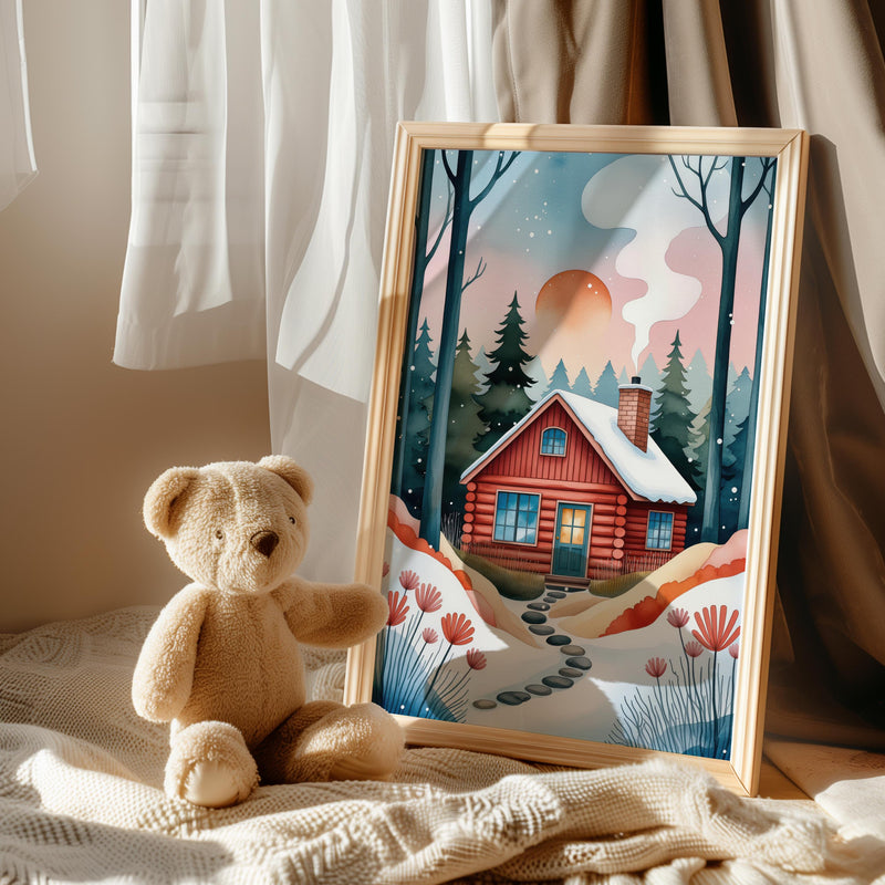 Cozy Winter Cabin Nursery Print, Whimsical Storybook Forest Art (Digital Download)