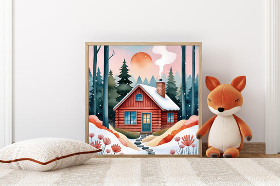 Cozy Winter Cabin Nursery Print, Whimsical Storybook Forest Art (Digital Download)