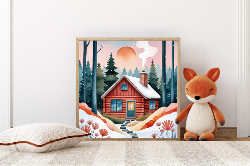 Cozy Winter Cabin Nursery Print, Whimsical Storybook Forest Art (Digital Download)