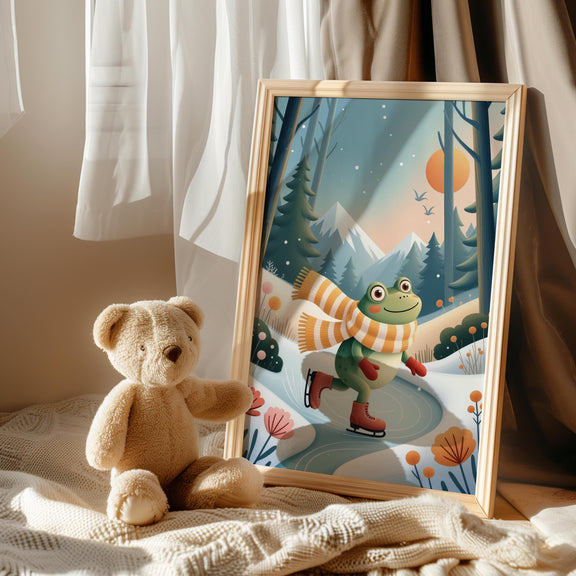 Freddie Skating Frog Nursery Art | Winter Woodland Storybook Print (Digital Download)
