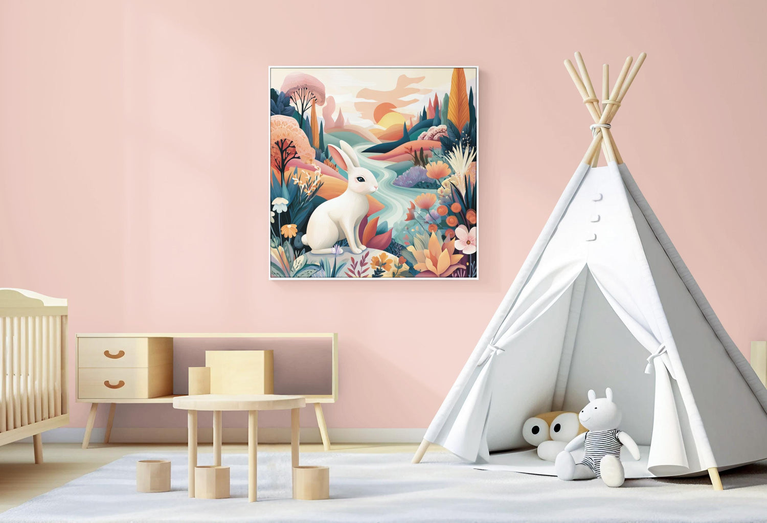 May include: A framed art print featuring a white rabbit in a colorful landscape. The artwork depicts a serene scene with a river, flowers, and trees in shades of orange, blue, and green. The print is displayed in a child's room.