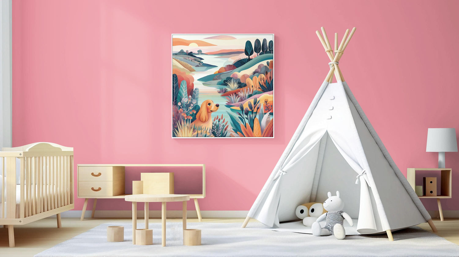 May include: A child's room with a pink wall, featuring a framed landscape art print with a dog, a white teepee, a crib, and a small table with a lamp. The room has a rug and a wooden side table.