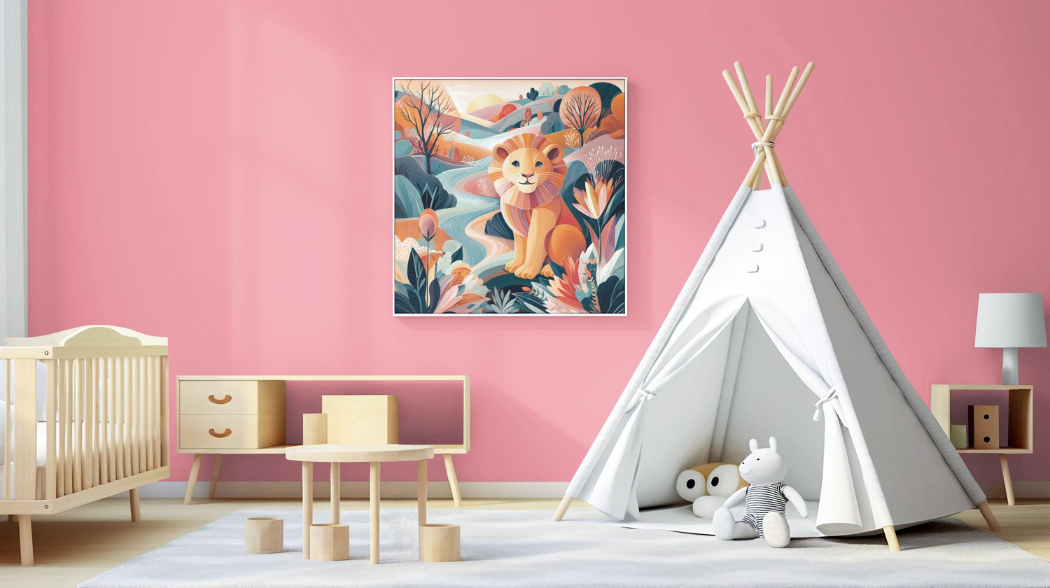 May include: A children's room with a pink wall, a framed lion artwork, and a white teepee. The room also features a crib, a small table, and a low cabinet. A white rug covers the floor.