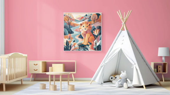 May include: A children's room with a pink wall, a framed lion artwork, and a white teepee. The room also features a crib, a small table, and a low cabinet. A white rug covers the floor.