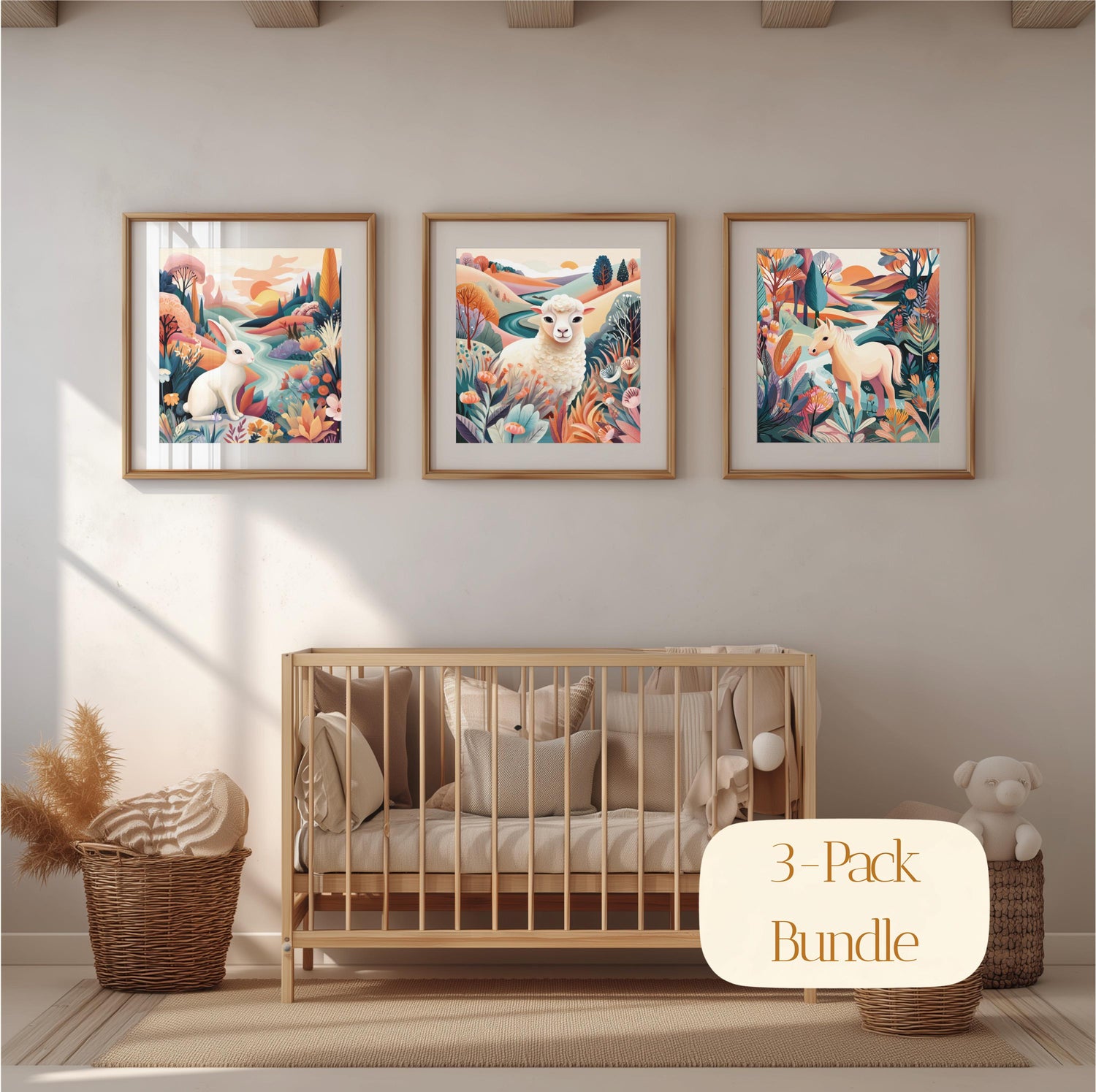 Dopamine Nursery Art Trio: Bunny, Lamb, Pony Prints (Digital Download)