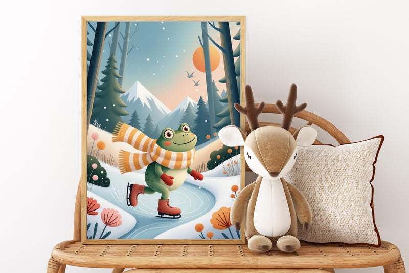 May include: A framed illustration depicts a cheerful green frog ice skating in a winter landscape. The frog wears a striped scarf and red ice skates. A plush deer and decorative pillow sit nearby on a wooden bench.