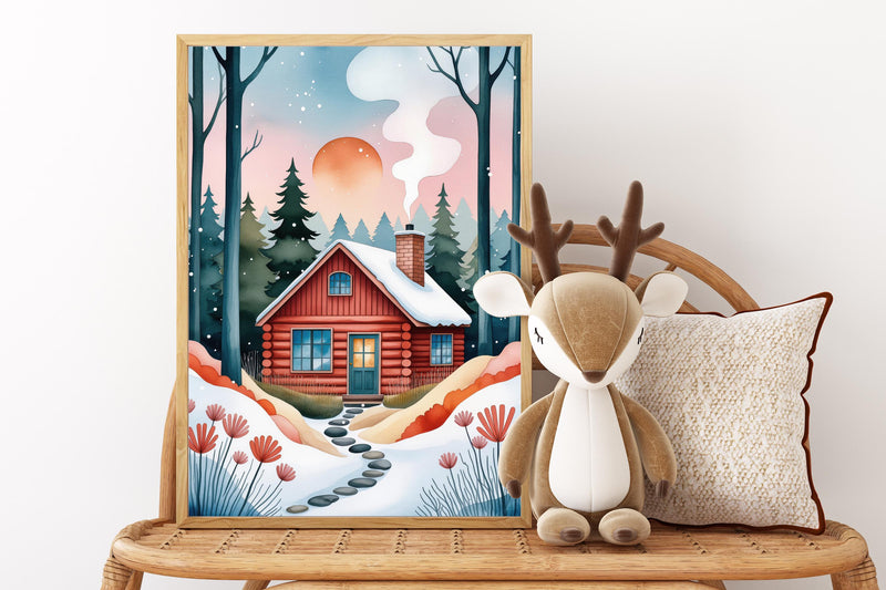 May include: Watercolor painting of a red cabin in a snowy forest scene, framed in wood. A plush deer with antlers and a decorative pillow sit on a wooden chair. The painting features a sunset and a path leading to the cabin.