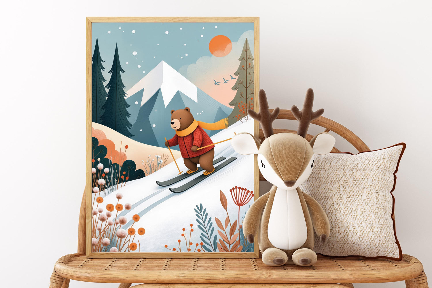 Monty Skiing Bear Print, Pinecone Valley Modern Folk Art, Woodland Nursery Decor (Digital Download)