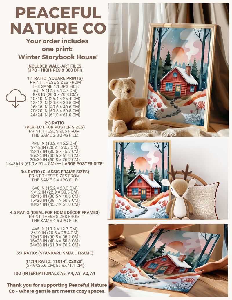 Cozy Winter Cabin Nursery Print, Whimsical Storybook Forest Art (Digital Download)