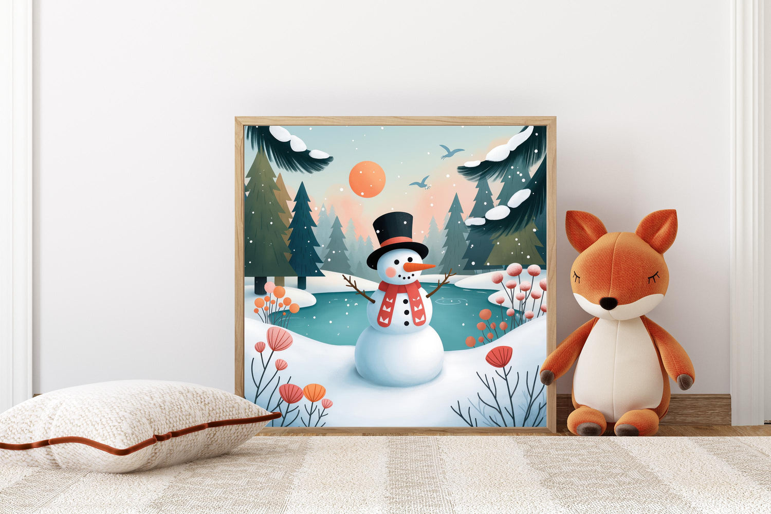May include: A framed winter-themed art print featuring a snowman with a black top hat and red scarf, set against a snowy landscape with a lake and pine trees. A plush fox toy sits nearby.