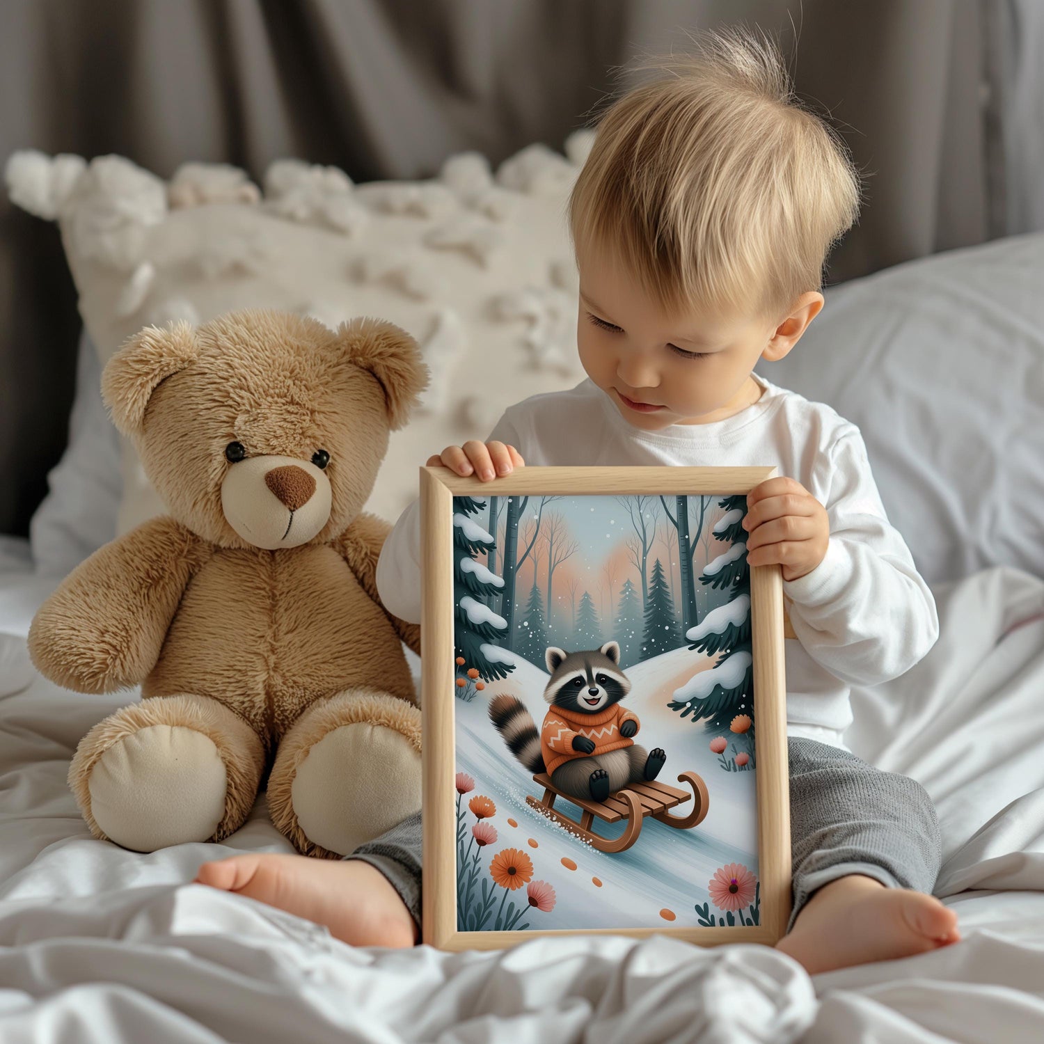 May include: A framed print featuring a raccoon sledding down a snowy hill, wearing an orange sweater. The artwork has a light wood frame and is held by a child. A teddy bear sits to the left.