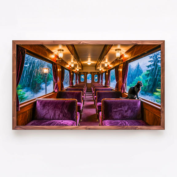 Black Cat Train Art | Vintage Railway Carriage, Rainy Window (4K Digital Download)