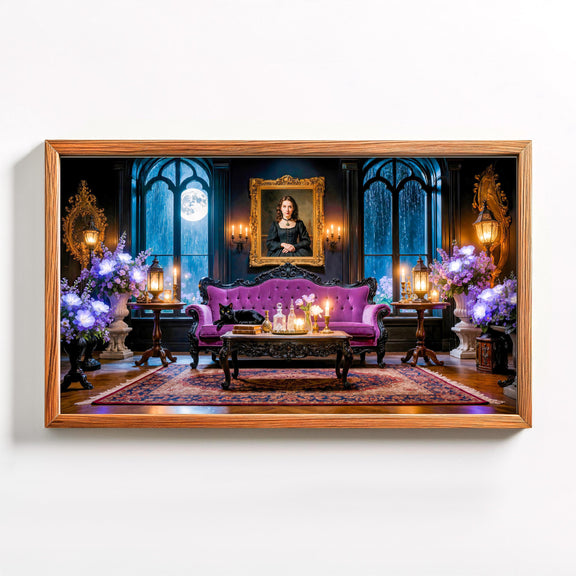 Black Cat Gothic Parlor Art | Moonlit Victorian TV Artwork (Digital Download)