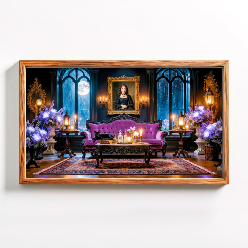 Black Cat Gothic Parlor Art | Moonlit Victorian TV Artwork (Digital Download)