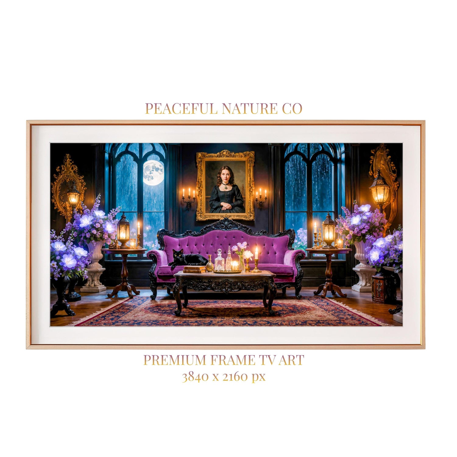 Black Cat Gothic Parlor Art | Moonlit Victorian TV Artwork (Digital Download)