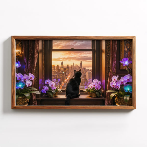 Black Cat Sunset Skyline TV Art | Luxury Cityscape 4K (Digital Download)