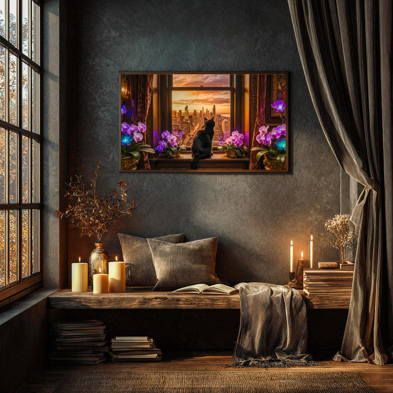 Black Cat Sunset Skyline TV Art | Luxury Cityscape 4K (Digital Download)