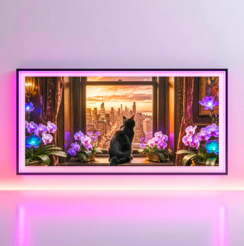 Black Cat Sunset Skyline TV Art | Luxury Cityscape 4K (Digital Download)