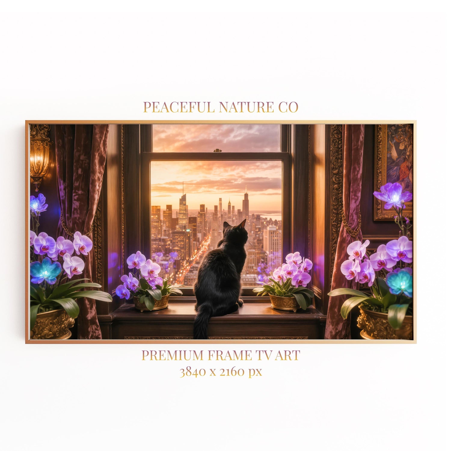 Black Cat Sunset Skyline TV Art | Luxury Cityscape 4K (Digital Download)