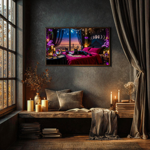 Black Cat Witchcore Frame TV Art | Moonlit Gothic Celestial Bedroom (Digital Download)