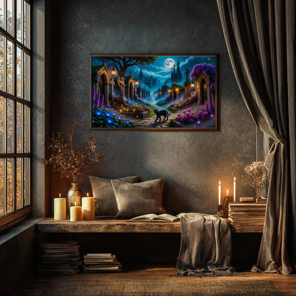 Gothic Cemetery Black Cat Art | Moonlit Graveyard TV Display (Digital Download)