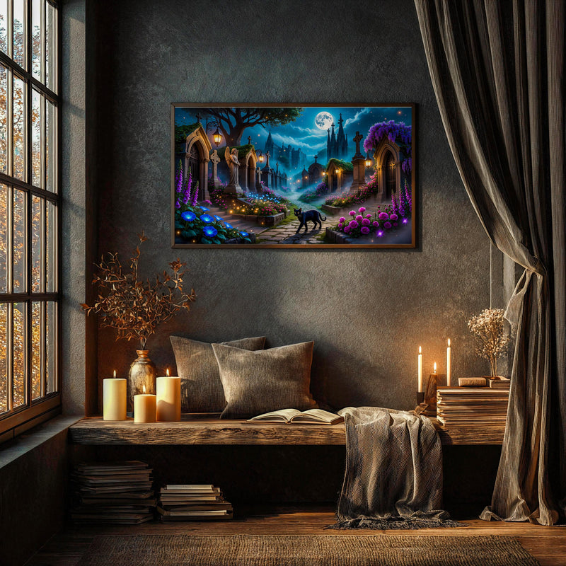 Gothic Cemetery Black Cat Art | Moonlit Graveyard TV Display (Digital Download)