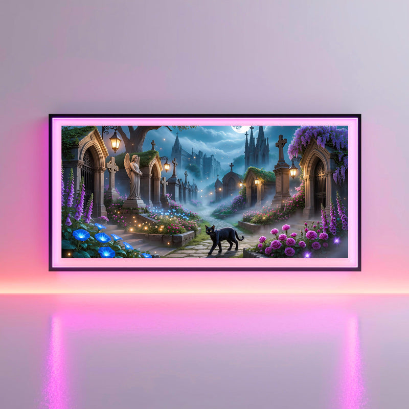 Gothic Cemetery Black Cat Art | Moonlit Graveyard TV Display (Digital Download)