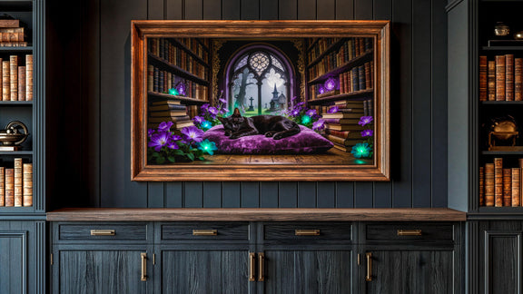 Sleeping Black Cat Library Art | Gothic Dark Academia Frame TV (Digital Download)